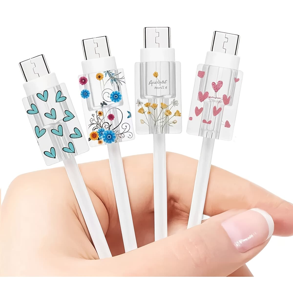TEMU 4pcs Set Flower/heart Style, Suitable For Data Cable Protective Cover, Compatible With Iphone 18-20w Charger Small Head Protective Case To Prevent Breakage