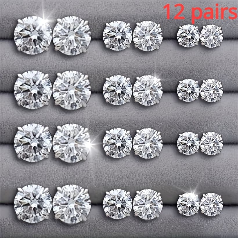 TEMU 12 Pairs Of Moissanite Earrings Set, S925 Silvery Luxury Earring Set, Suitable For Personal Wear And Gift , Perfect Valentine's Day/ / Birthday Gift