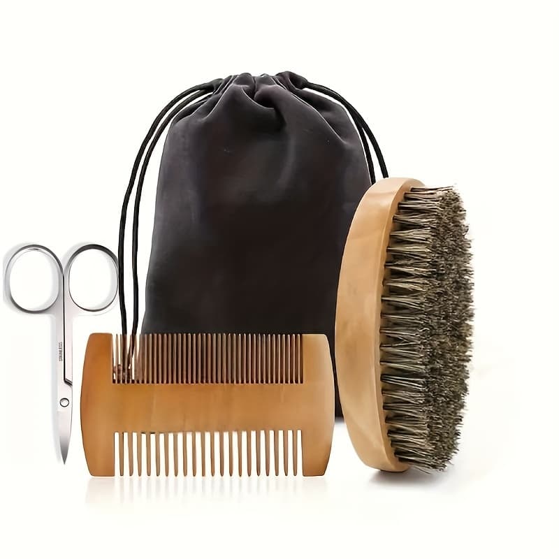 TEMU 3 Pieces/set Of Men's Beard Beauty Tool Set Double-sided Solid Wooden Beard Comb Beard Cleaning Brush Beard Brush Stainless Steel Scissors With Portable Storage Bag