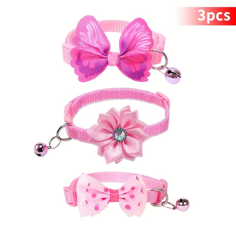 TEMU 3pcs Floral Cat Collars With Adjustable Bell & Bow Tie Decor - Polyester Pet Collars For Small , Accessories, Cat Collar, Design, Durable Pet Collar, Without Battery