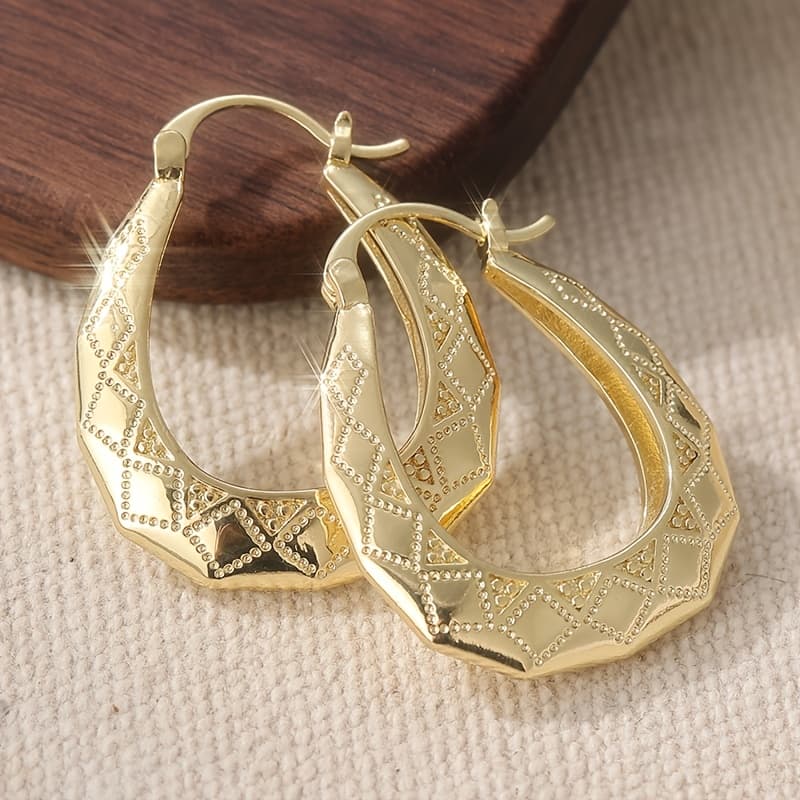 TEMU Vintage Oval Golden Hoop Earrings Hand Carved Patterned Earrings
