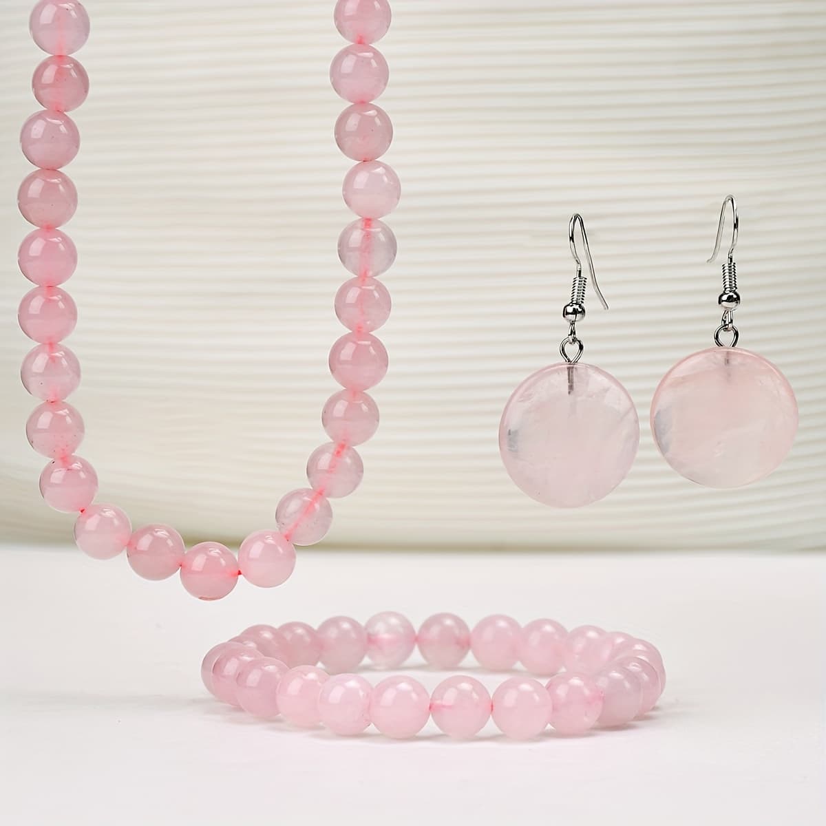 TEMU (4pcs Set) Rose Quartz Necklace Bracelet Earring Set Elegant Bohemian Gift Natural Stone Handmade Jewelry (natural Stone Colors Random) Suitable For Beautiful Women' Wear, Men's Gift Gift Perfect