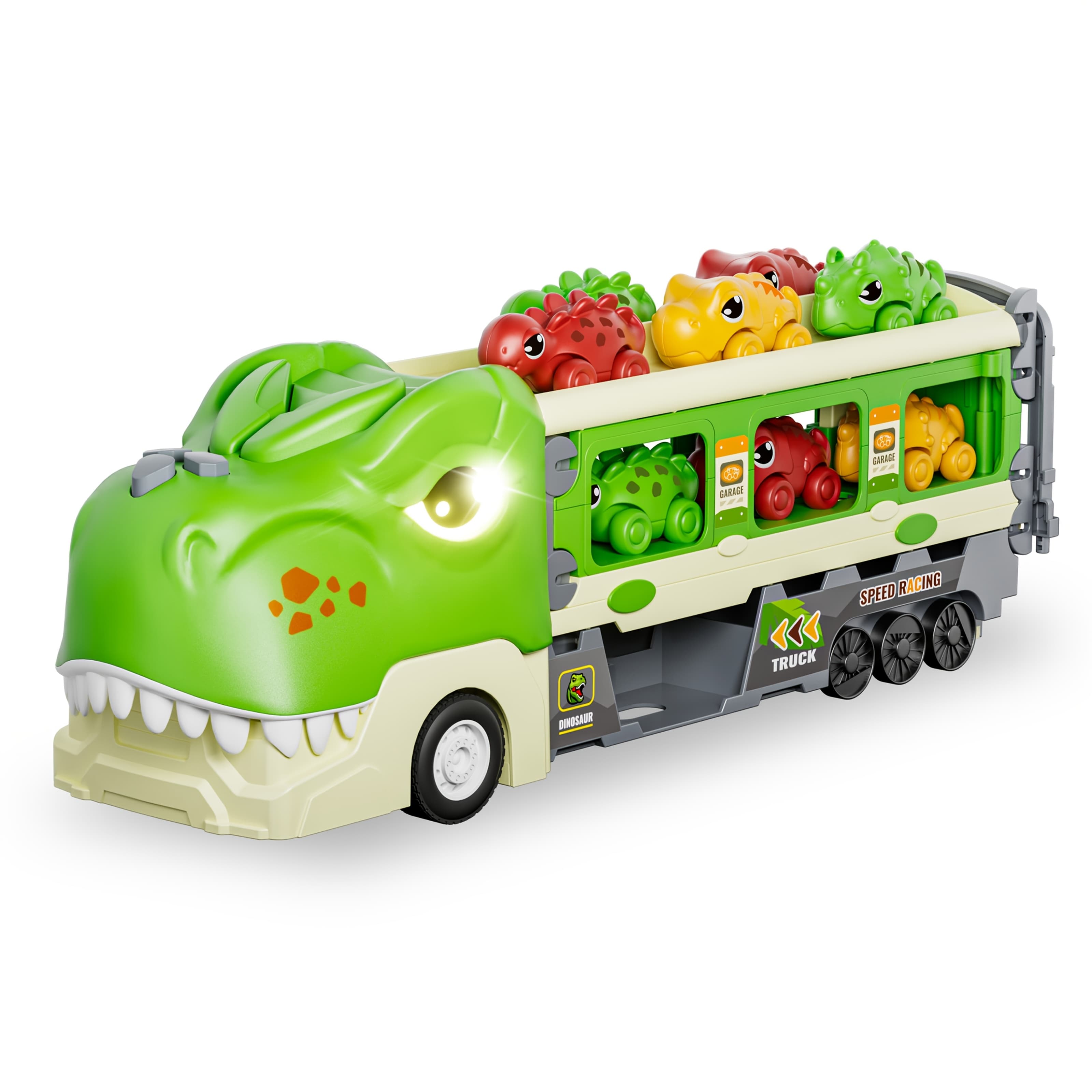 TEMU Dinosaur Truck Toys For 3-7 Year Boys With Foldable Track, 2 Player Race Mode, Transport Carrier, 6 & 12 Accessories, Kids Christmas Gift