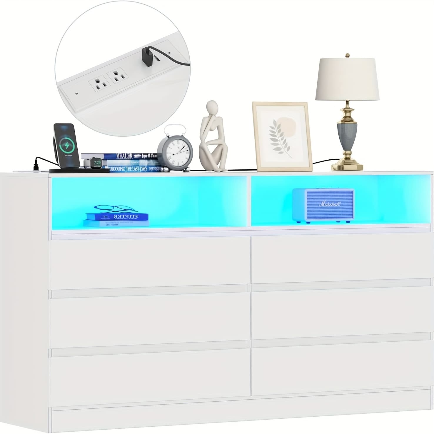 TEMU 6 Drawer Double Dresser With Power Outlet & Led Light, Chest Of Drawers With Charging Station For Bedroom, Living Room, Hallway White