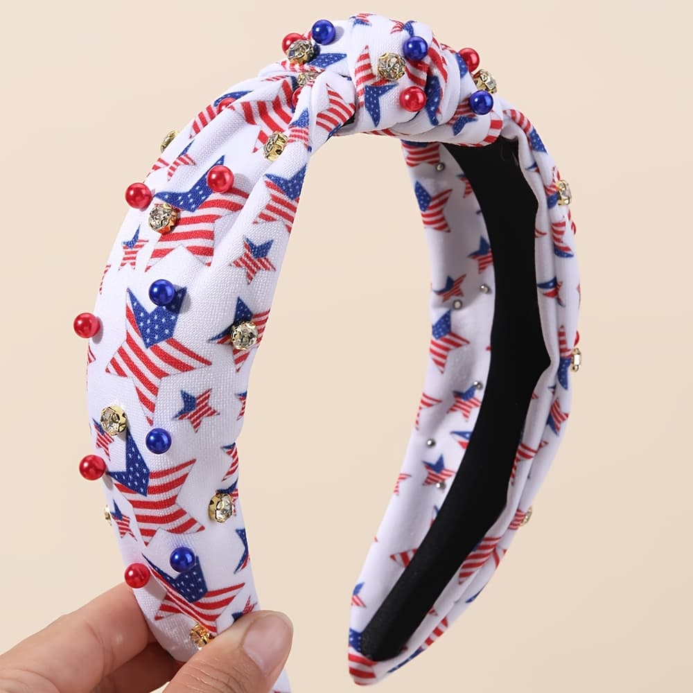 TEMU 1pc Of A Headband Designed For Women, Featuring A Patriotic Usa Flag With Star Beads And Rhinestones, Perfect For Day Celebrations And Memorial Day, In White And Red