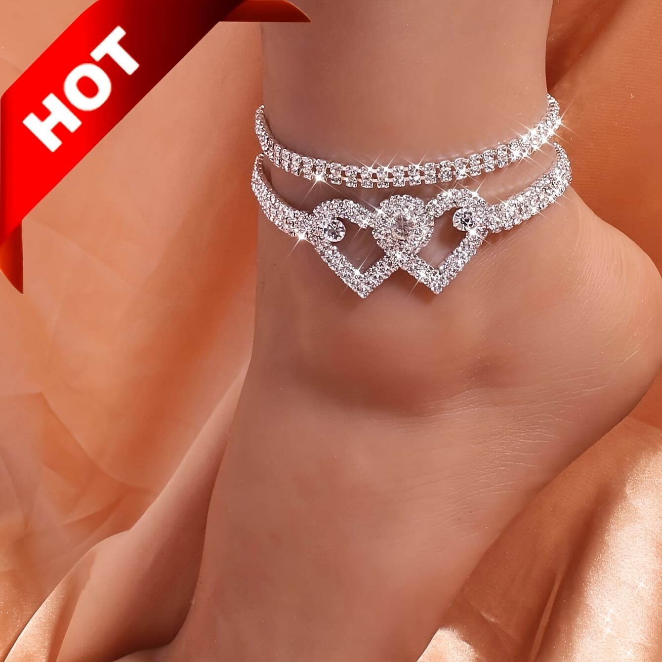 TEMU 2pcs Heart Chain Anklet Set Shiny Beach Foot Jewelry Wedding Additions