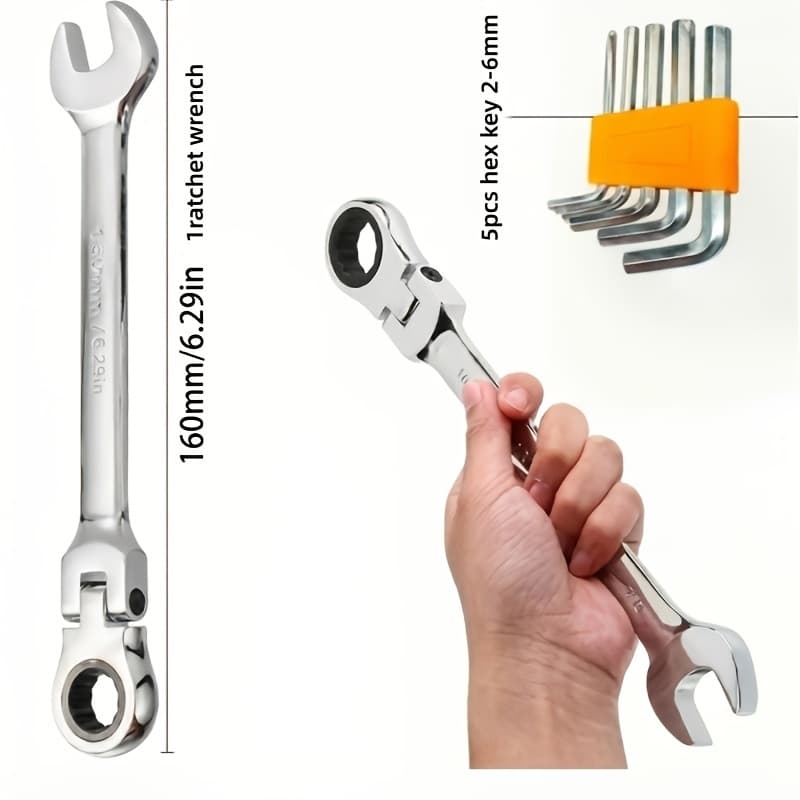 TEMU 6pcs Set: 1 Wrench + 5 Hex Key Wrenches, Chrome Vanadium Steel Material, 180° Rotating Dual-head Swivel Combination Wrench, 72-tooth For Practicality With Reversible Adjustable Torque