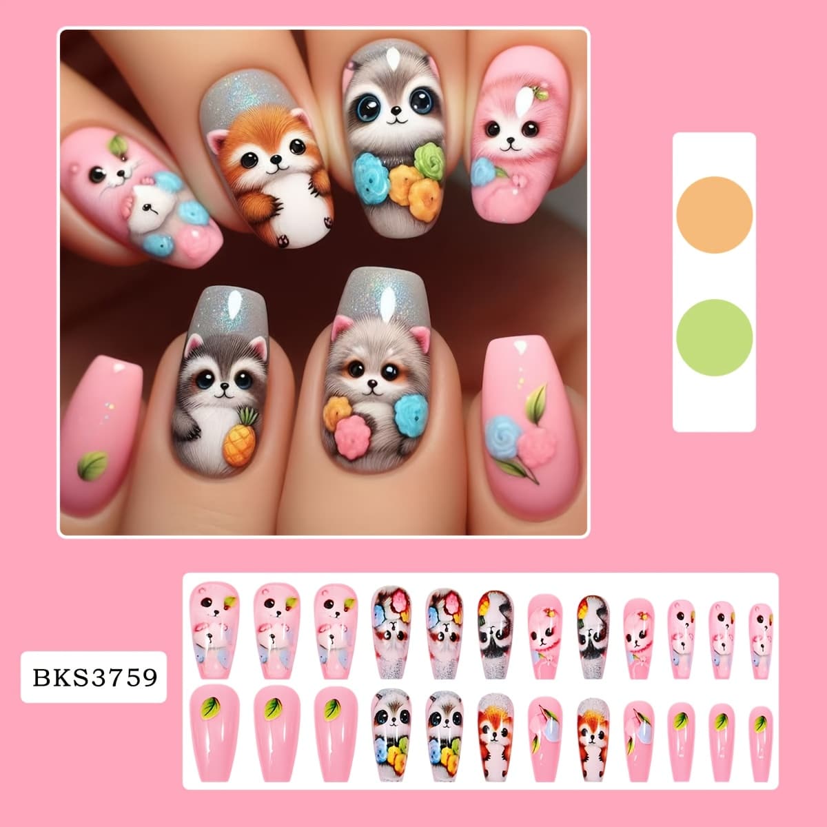 TEMU 24pcs Cute Cartoon Animal Press-on Nails, Floral & False Nails For Women, Adorable Raccoon/fox For & Daily Wear, Easy To Apply & Remove