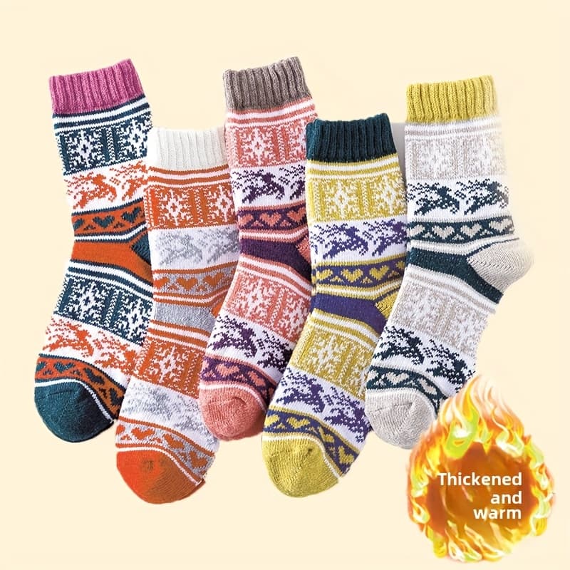 TEMU 5pairs Of Colors Christmas Socks Women's Socks Winter Socks Warm Socks Knitted Socks Thick Socks Ethnic Style Socks Wool Socks Christmas Gifts Thanksgiving Gifts
