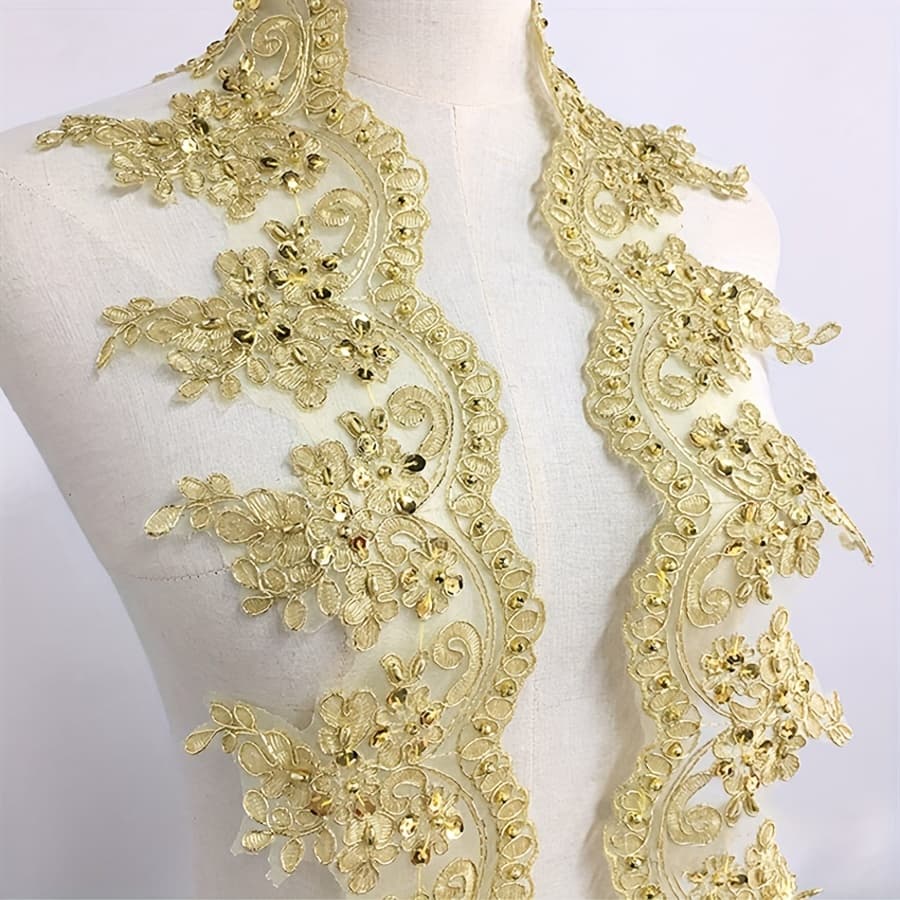 TEMU Golden Floral Embroidered Lace Trim - 12cm Wide Polyester Sewing & Craft Accessory For Clothing Decoration, Intricate Design With Beads And Sequins
