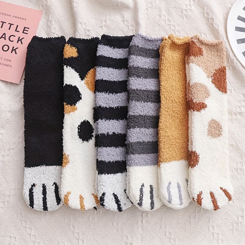 TEMU 6 Pairs Of Women's Cat Paw Plush Mid-calf Socks, Autumn/ Personality Coral Sleep Socks, Cute Cartoon Sweet Home Warm Floor Socks, Thickened -lined Maternity Socks Suitable For Daily Use