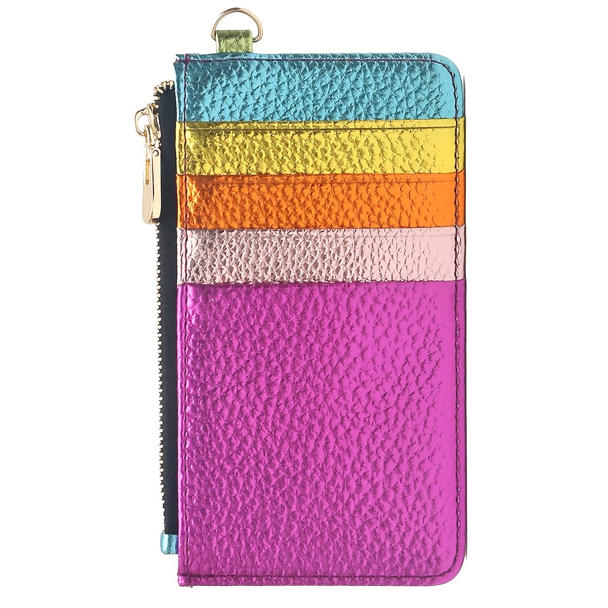TEMU Metallic Colorful Pu Vegan Slim Card Holders With Sling Belt Zipper Closure Coin Purse Rfid Wallet For Women Portable Daily Holiday