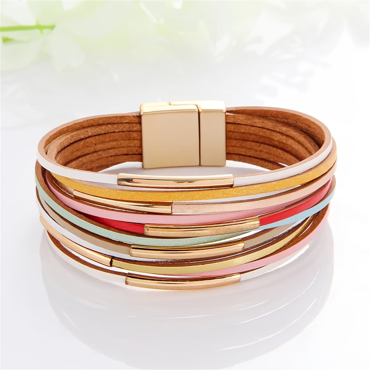 TEMU 1pc Multiple Of Pu Leather Woven Bracelet With Copper Pipe More Temperament Magnet Bracelet Hand Jewelry As The Best Summer Gift For Dear Female