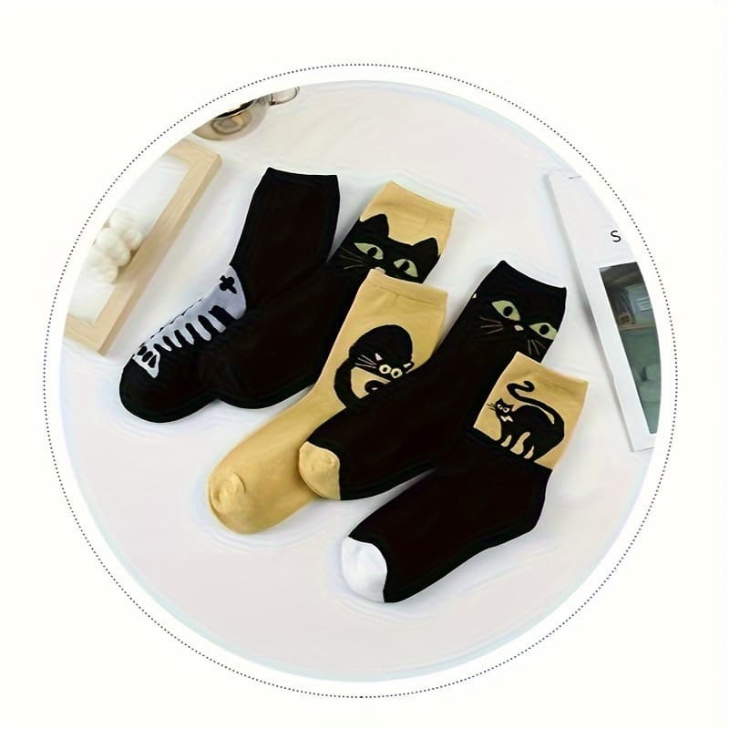 TEMU 5 Pairs Women's Autumn Winter Cartoon Kitten Long Socks Comfortable Fashion Trendy Suitable For And All-match Style