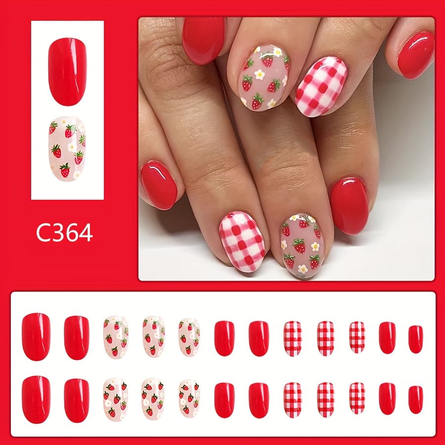 TEMU Short Style Bright Surface Oval Spring And Summer Strawberry Sweet False Nails Wearable Nail Art 24pcs