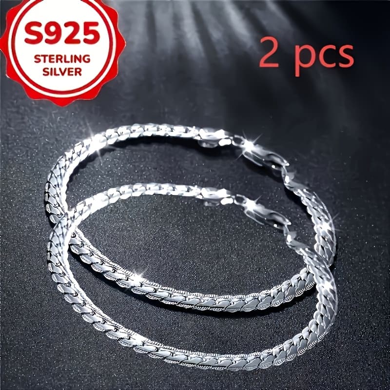 TEMU A Set Of 2 S925 Sterling Silver Twisted Bracelets For Men And Women, Hypoallergenic, Featuring A Simple And , Perfect For Accessories And An Ideal Holiday Gift.