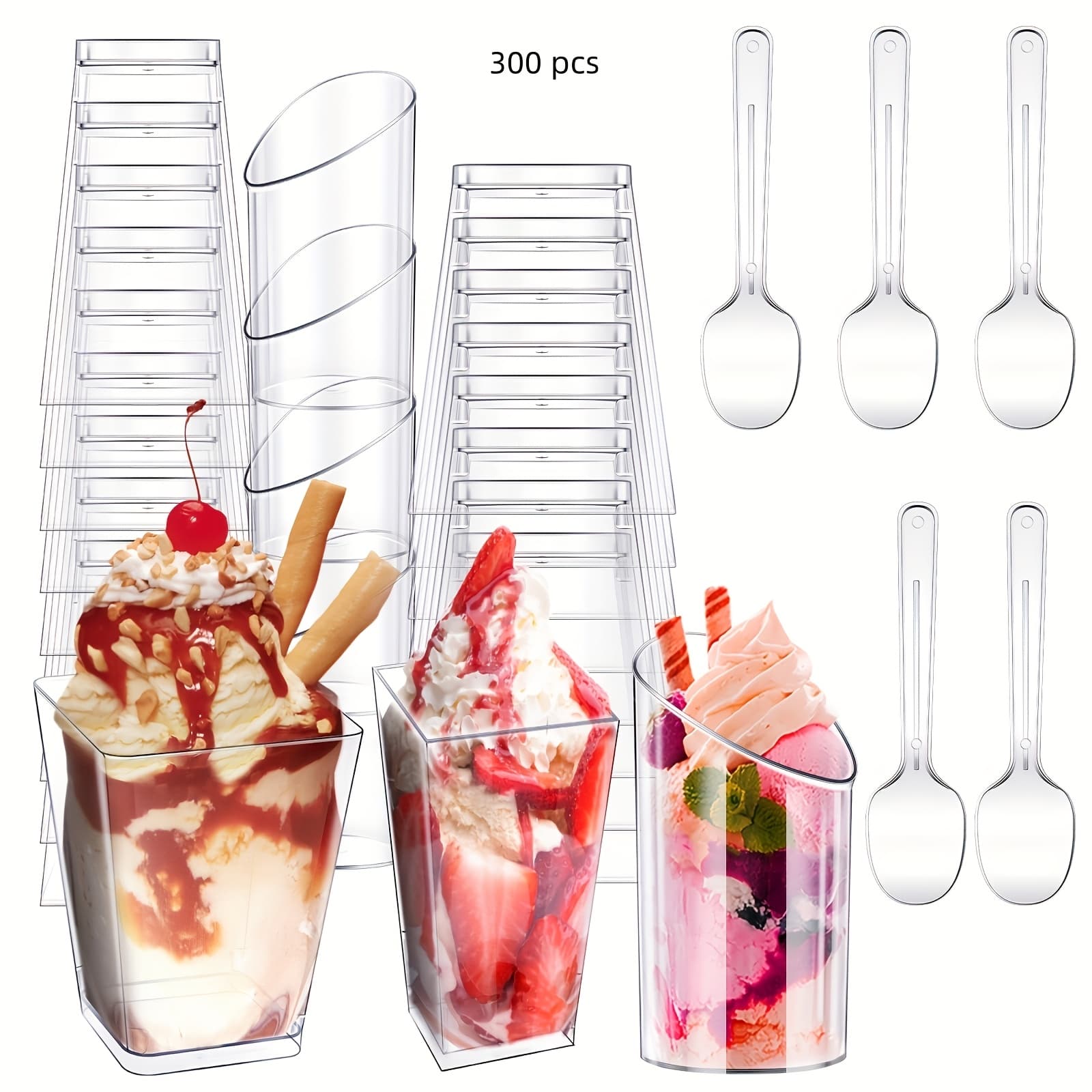TEMU Of 300 Small Dessert Cups With Spoons, Made Of Clear Plastic, Ideal For Parfaits And Appetizers, Featuring A Slanted Round Design For Serving Desserts And Shooters