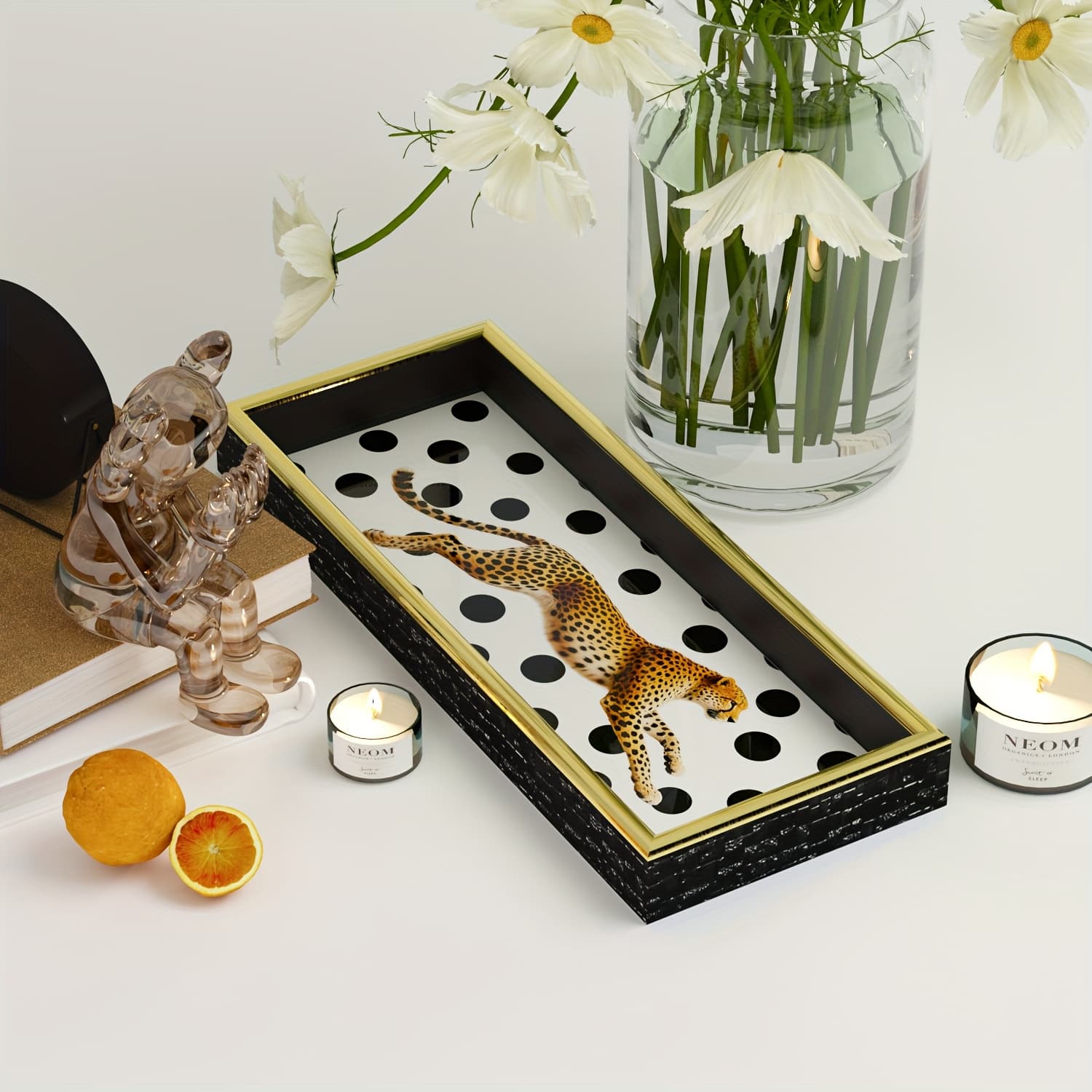 TEMU Light Luxury Leopard Print Polka Tray, A Home Storage And Decoration Essential, Pattern Decorative Tray With Black And , Artistic Polka Tray, Practical And Beautiful