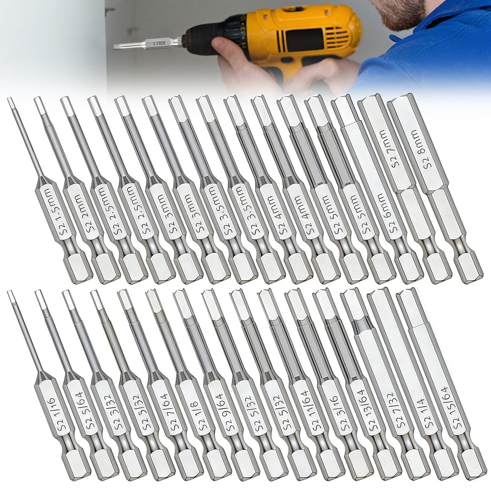 TEMU 30pcs Hex Head Allen Wrench & Drill Bits, Sae & Metric Impact-resistant Screwdriver Bits, 1.5mm-8mm(1/64"-5/16") S2 Steel Construction, For Automotive, Construction, Electronics, Plumbing