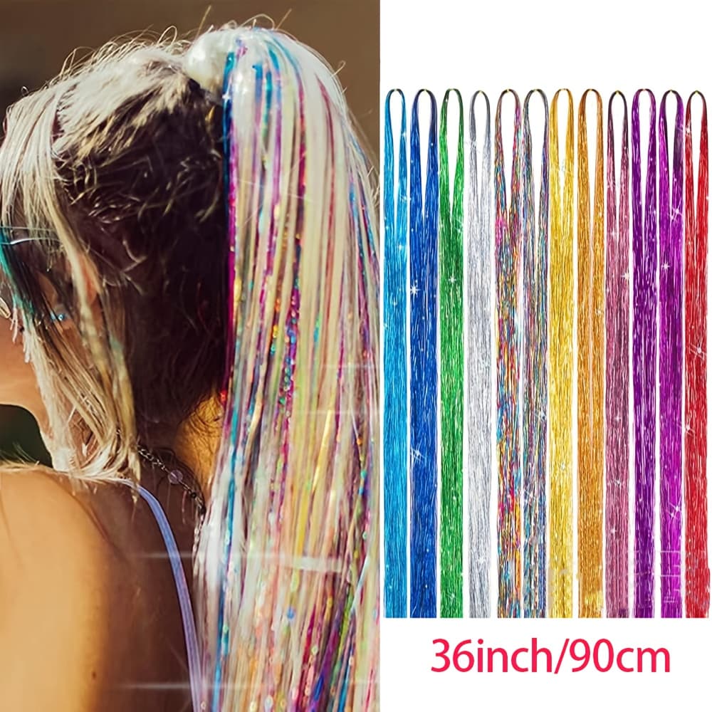 TEMU A Set Of 12pcs Of 2400 Laser Thread Synthetic Hair Extensions, Colorful, Suitable For Women's Hair Extensions For Festive Projects