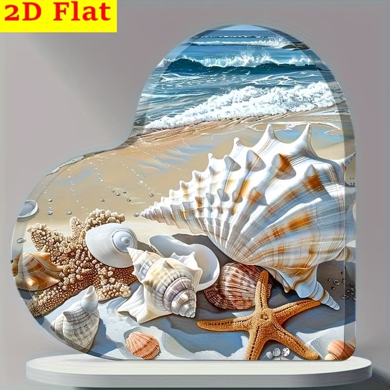 TEMU 2d Flat, 1pc Heart-shaped Acrylic Beach Shell Sign - Double-sided, Waterproof, Ocean-inspired, Nautical Theme Decoration For Home, , Mediterranean Style, Ideal Gift For