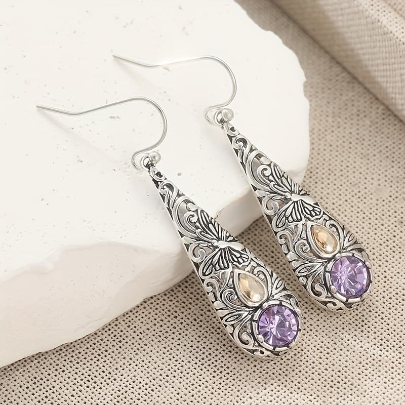 TEMU Hand-carved Pattern Retro Teardrop-shaped Ethnic Style Earrings, Set With Purple Synthetic Zirconia, Are A Pair Of Exquisite Women's Jewelry That Exudes .