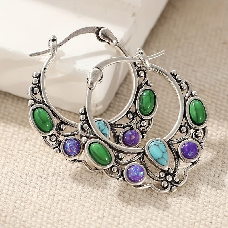 TEMU Charm Silvery Color Women's Ear Stud Earrings Synthetic Colorful Synthetic Turquoise Stud Hoop Earrings For Women Bohemia Earrings Engagement Party Jewelry