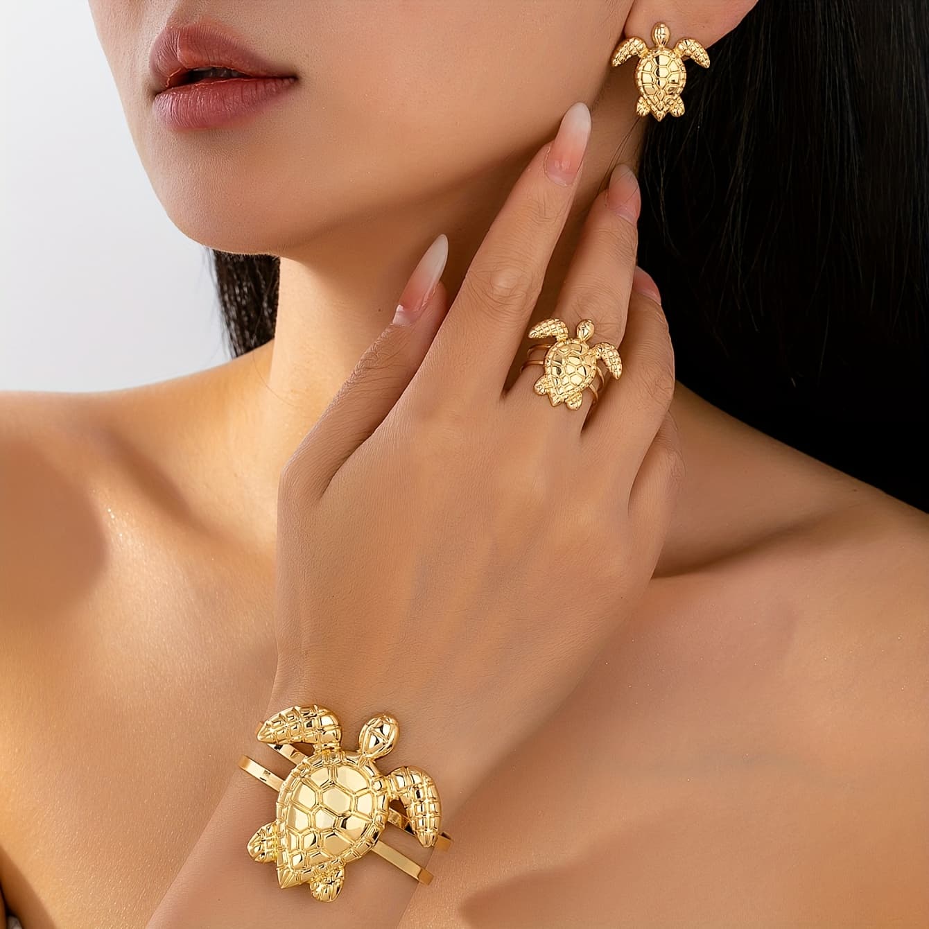 TEMU 4pcs Ocean-themed Sea Turtle Bracelet, Earrings, And Ring Set For Women, Suitable For Beach Vacations