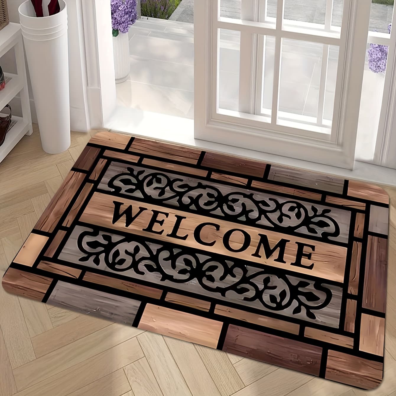 TEMU 1pc Rustic Welcome Doormat - Durable, Anti-slip Polyester With Pvc Backing, Stylish Brown Pattern For Home Entrance & Decor, Welcome Mat For Front Door
