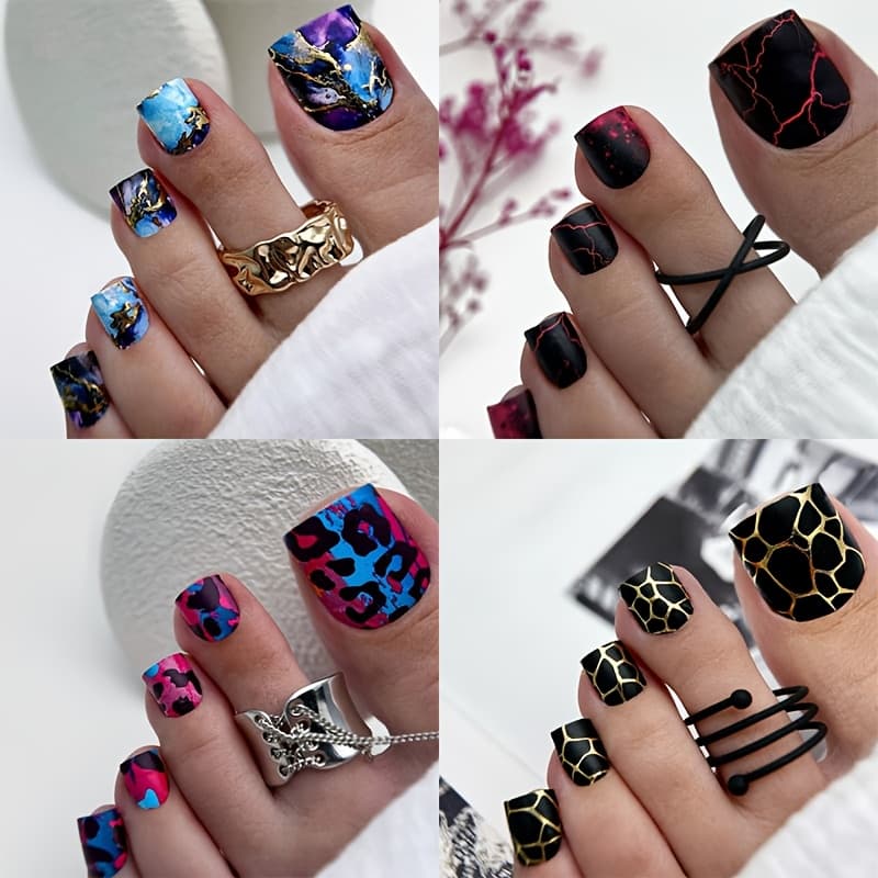 TEMU 4-pack 96pcs Spring/summer Nails, Matte Fake Nails For Fingers And Toes, Marble And Grid Patterns, Reusable Artificial Nails Suitable For Daily Wear