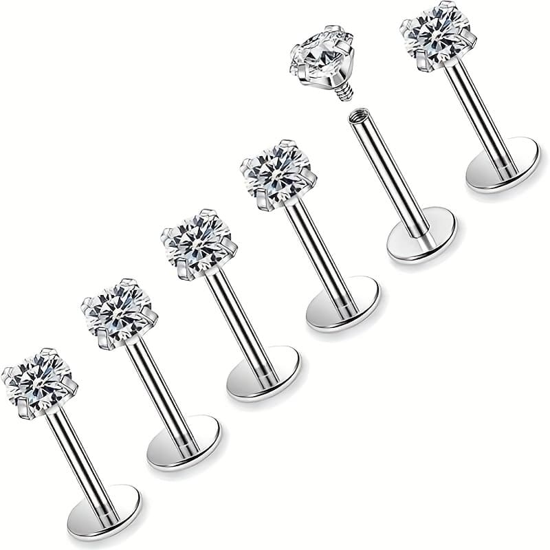 TEMU 6pcs Stainless Steel Cubic Synthetic Synthetic Zircon​​ Piercing Set, Lip, Nose, And Ear Studs In 3 Sizes (6mm/8mm/10mm) Suitable For Daily Wear And Christmas Gifts