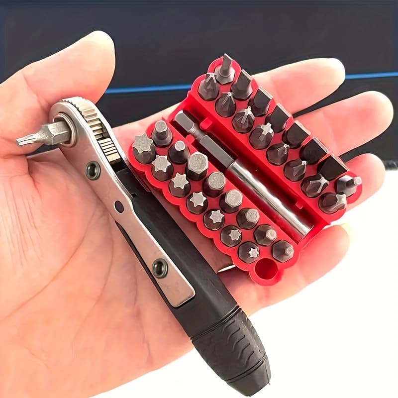 TEMU Powerhigh 34pcs Mini Ratchet Wrench Set, Double-ended, 1 Straight Or Curved Handle For Tight Spaces, Including And Screwdrivers, Hexagonal And Plum Bit Drills