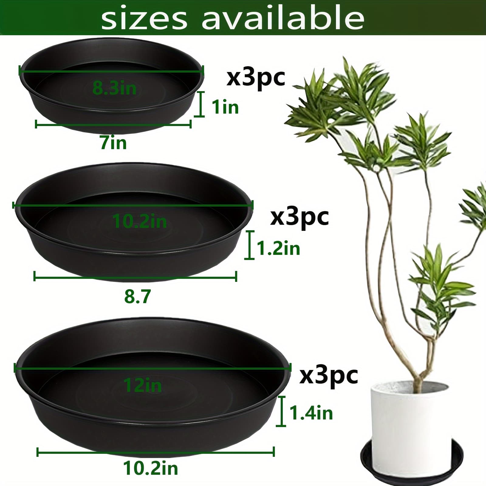 TEMU 9pcs Set 8 "* 3pcs/10" * 3pcs/12 "* 3pcs Plant Tray, Heavy-duty Plastic Plant Tray, Plant Tray For Flower Pots, Indoor Flower Tray, Garden Plate Bowl, 8 10 12 Inch Flower Pot Tray (black)