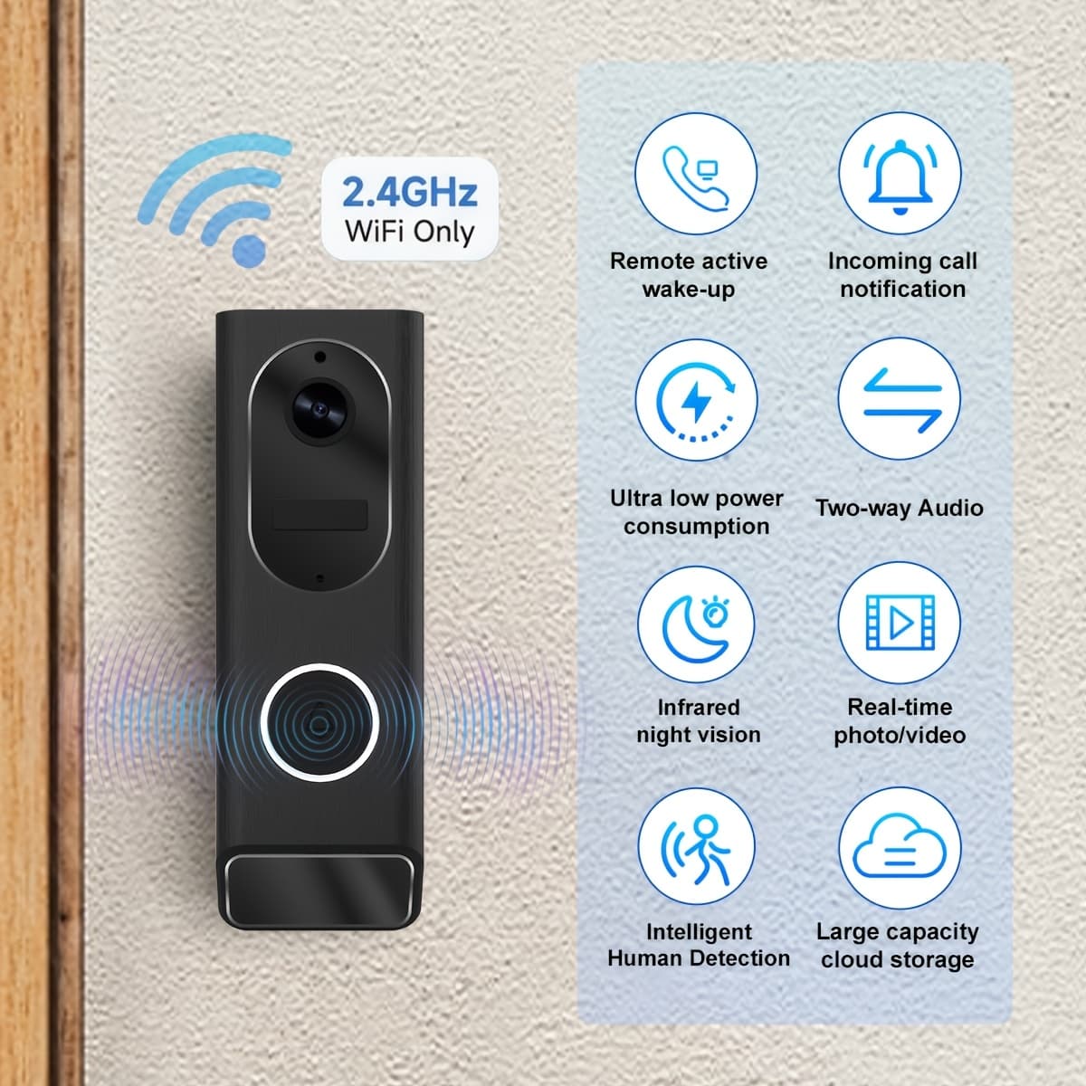 TEMU Maypug Hd Smart Doorbell 1920x1080, Clear Audio, 5200mah, Type-c, Pir And Body Detection, Cloud Storage, Night To 6 Meters, 2.4ghz Wifi,, Waterproof
