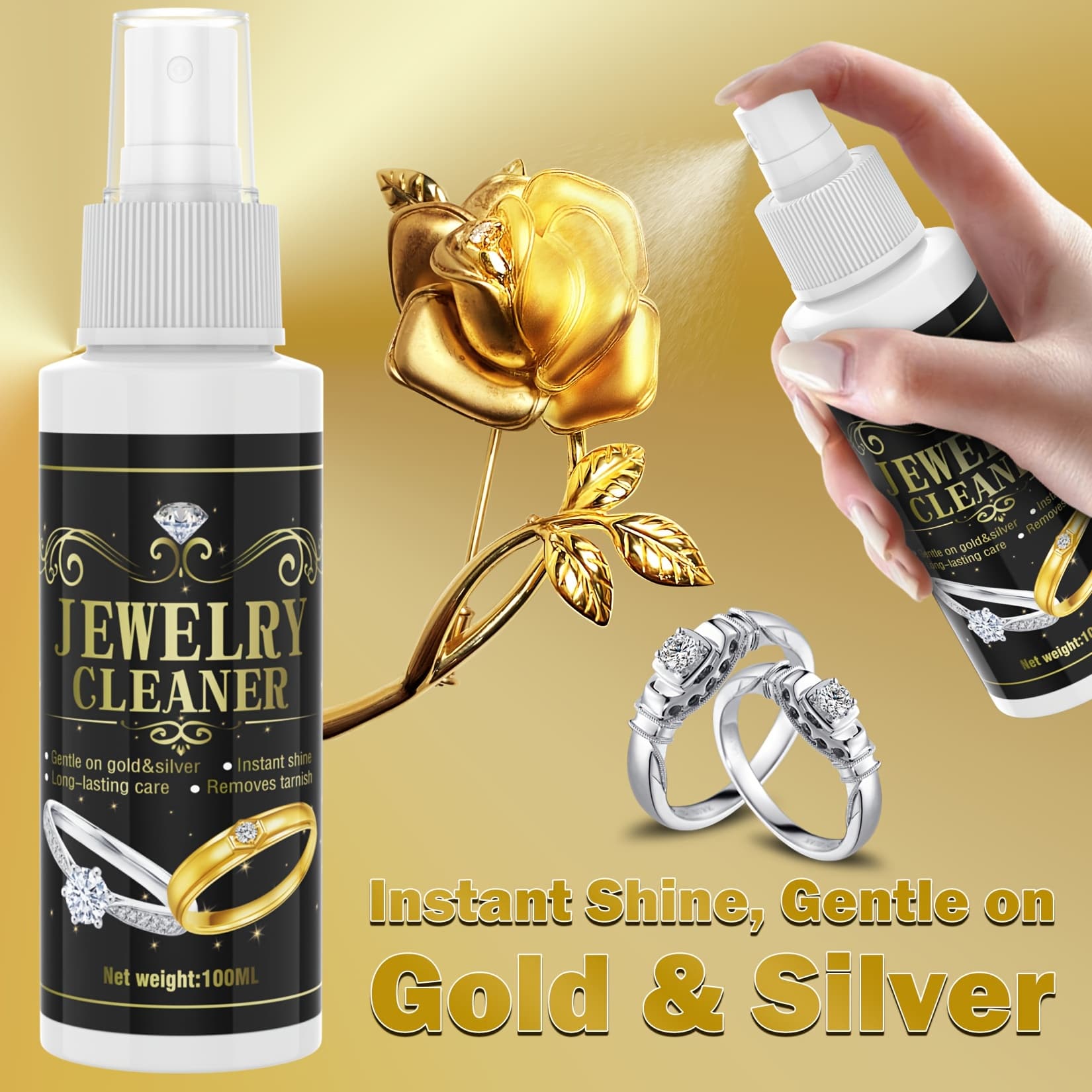 TEMU Jewelry Polishing Spray 100ml, Anti-tarnish, Restores Shine For Rings Earrings Necklaces, Gentle Household Polish, , Long Lasting Formula For Diy