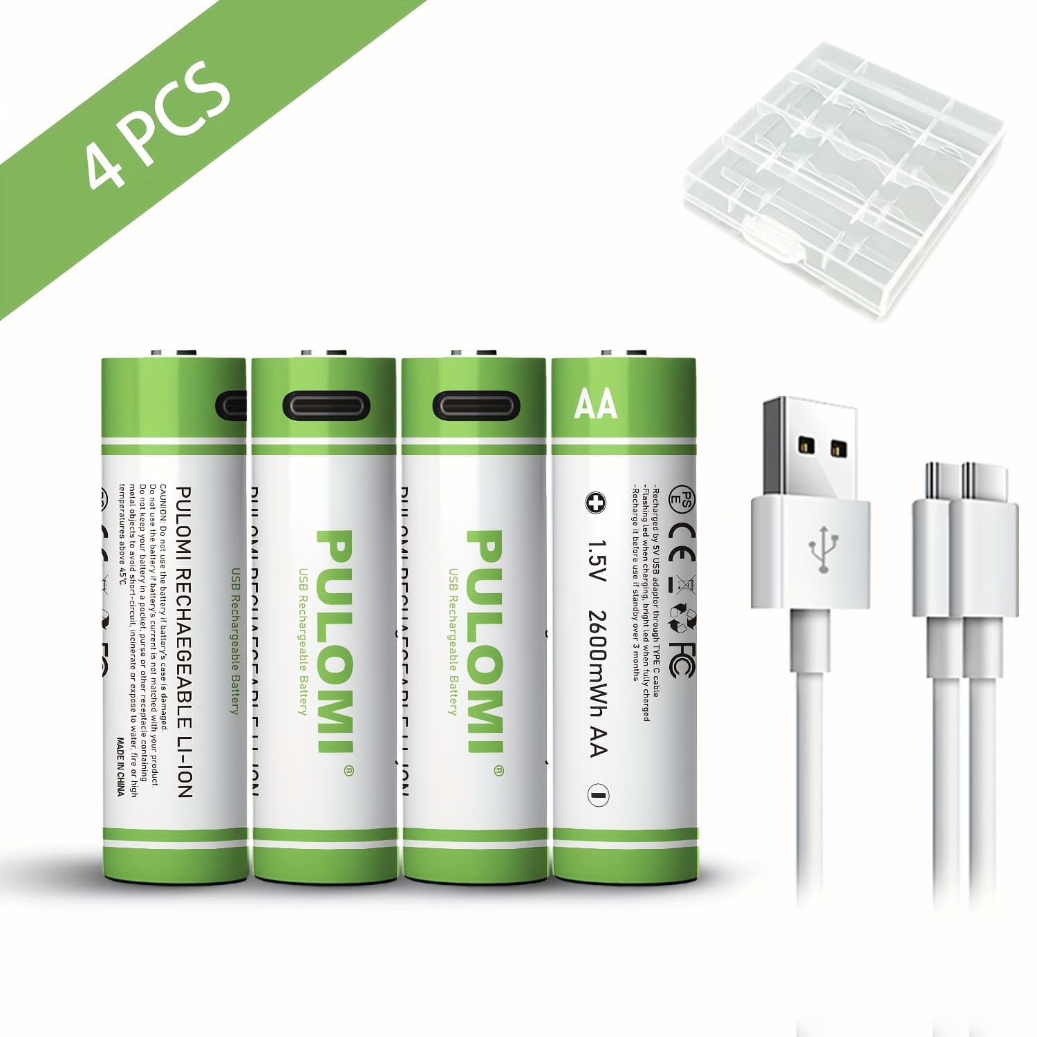 TEMU 4pcs Pulomi Aa Lithium Rechargeable Batteries, 1.5v 2600mwh High Capacity, Fast 1.5 Hour Charge, Usb/type-c Ports, Includes Charging Cable, 1200 Cycle Life, Output
