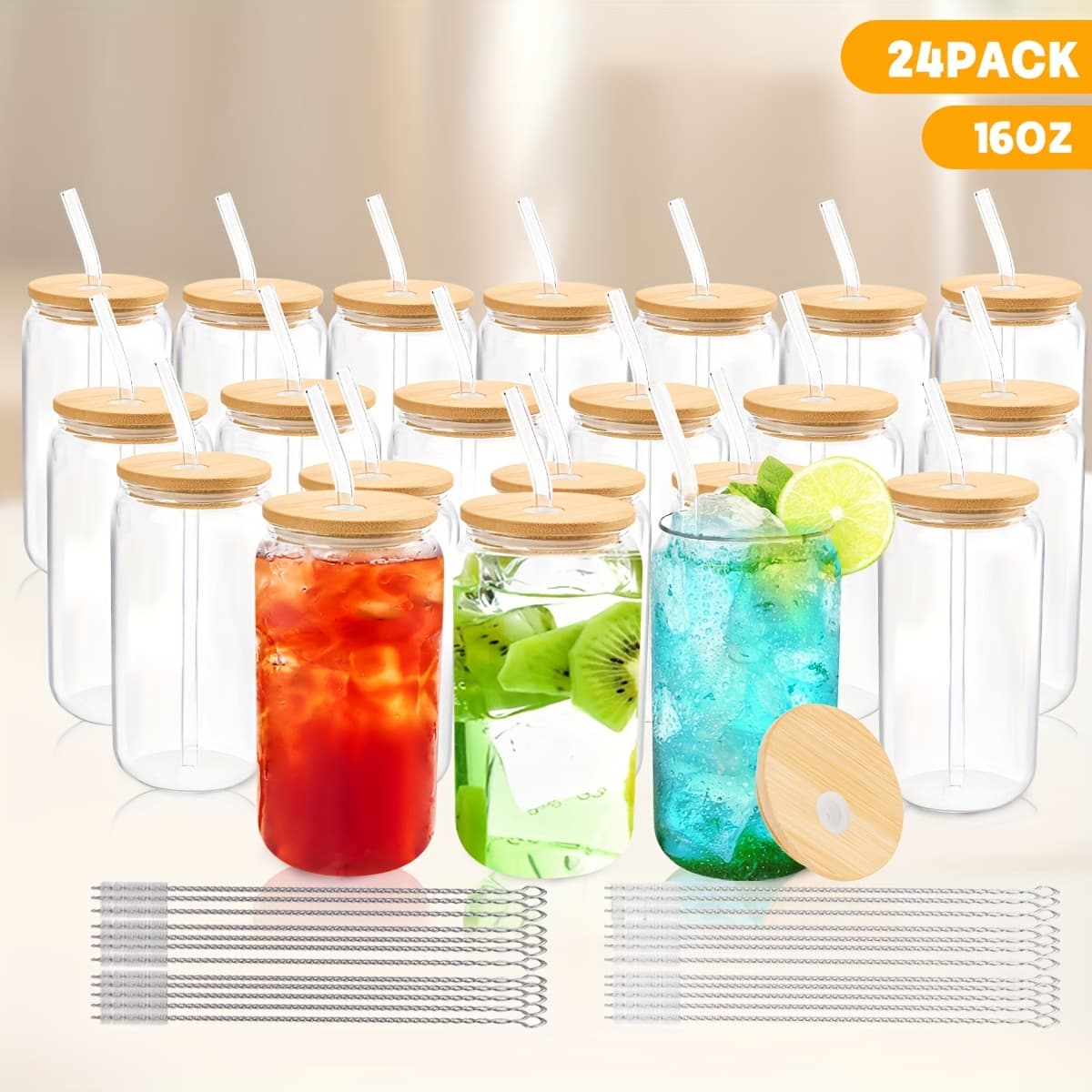 TEMU 24pcs 16oz Clear Glasses Cup, Water Bottles With Bamboo Lid, Straw And Cleaning Brush, Can Shaped Glasses, Iced Coffee Cups, Gift Mugs For Mother Day Parties, Birthday, Ideal Gift Option