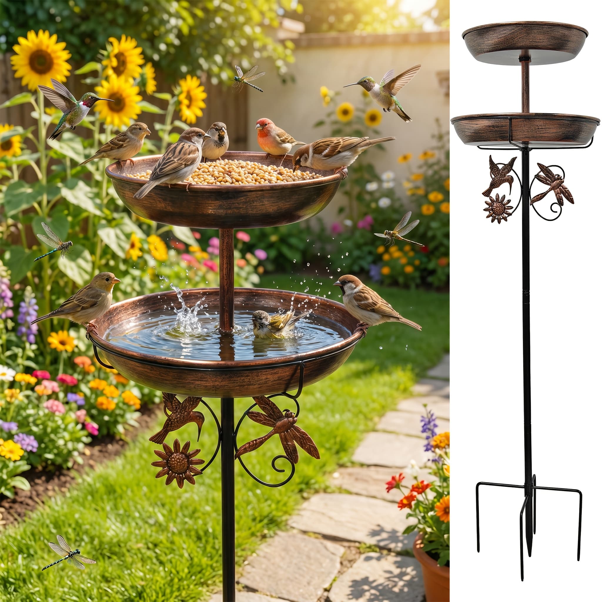 TEMU 1pc Bath And Feeder 2-in-1, Vintage Outdoor Rust-proof 5-claw Stable , Garden Decor, Bird Drinking And Bathing Stand, Easy Clean, Outdoor And Holiday Decoration