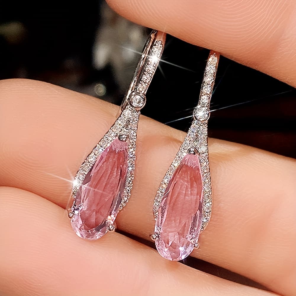 TEMU Fashionable And Exquisite Pink Water Drop Synthetic Zirconia Earrings, Elegant Jewelry Additions For Ladies' Festivals And Weddings, 's Day Gifts