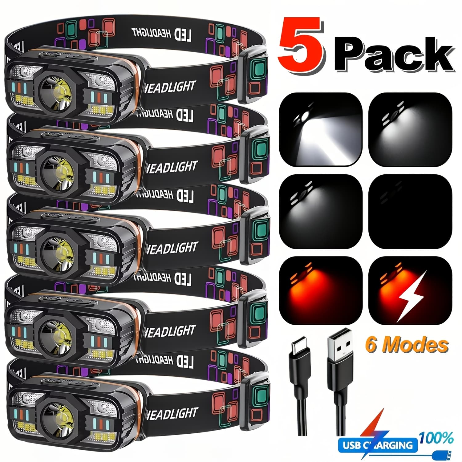 TEMU Led Headlamps Usb Rechargeable Long Lasting With 6 Flashlights With Adjustable Brightness Light, Sos, Cycling Running Hiking High Headlamp Suitable For Camping, Running, Fishing, And Emergency