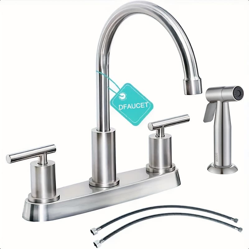 TEMU Brushed Nickel Kitchen Faucet With Side Sprayer - 3 Or 4 Hole Rv Sink Faucet, High Arc Spout For , Includes Mounting Hardware & Supply Lines, Rv Sink Accessory | Sleek | Durable