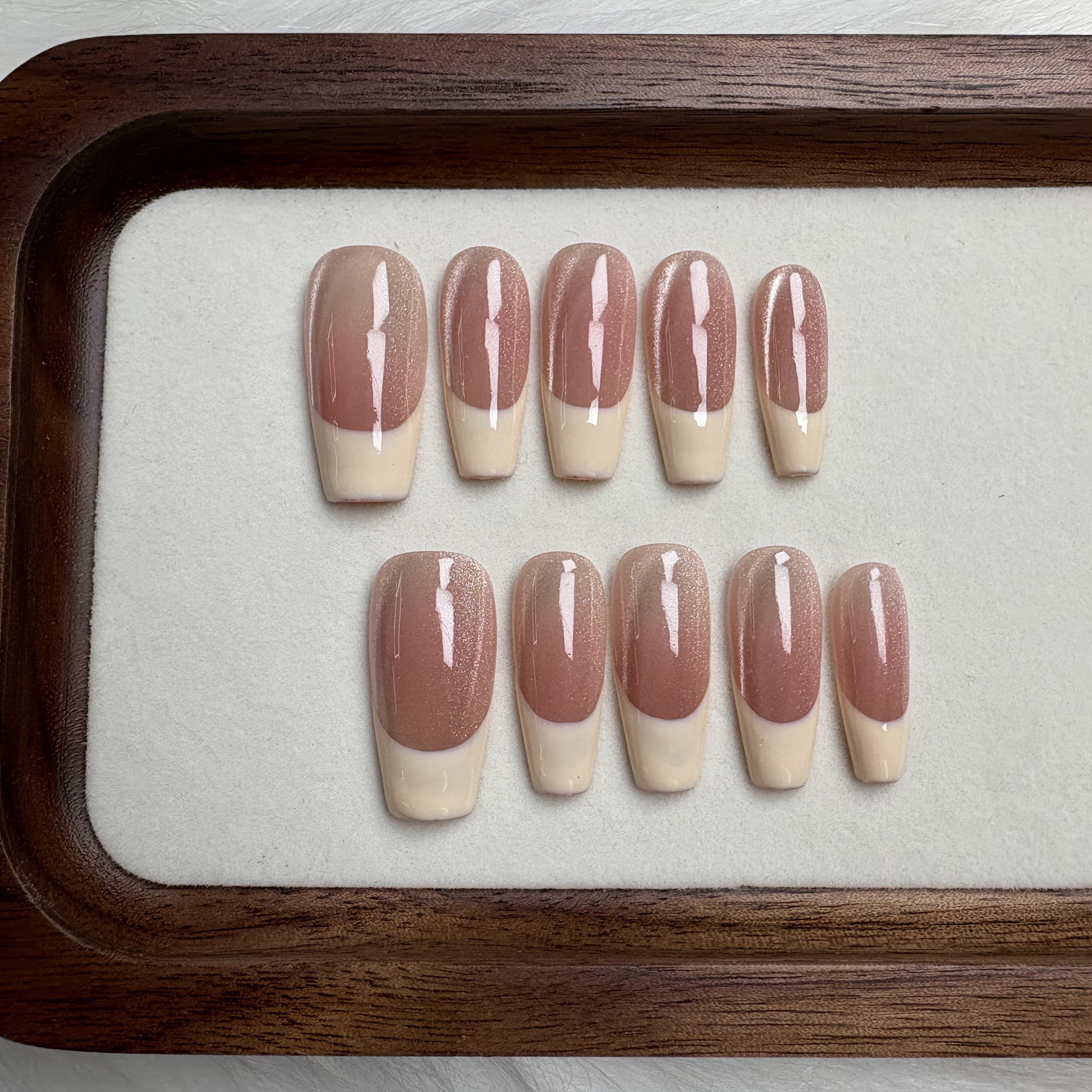TEMU 10 Sets Of Handmade Fake Nails, Mid-trapezoidal Cat-eye French Manicure, Suitable For Women For , Parties, And Dates. Detached And Reused. Ideal For Manicure And Daily Wear