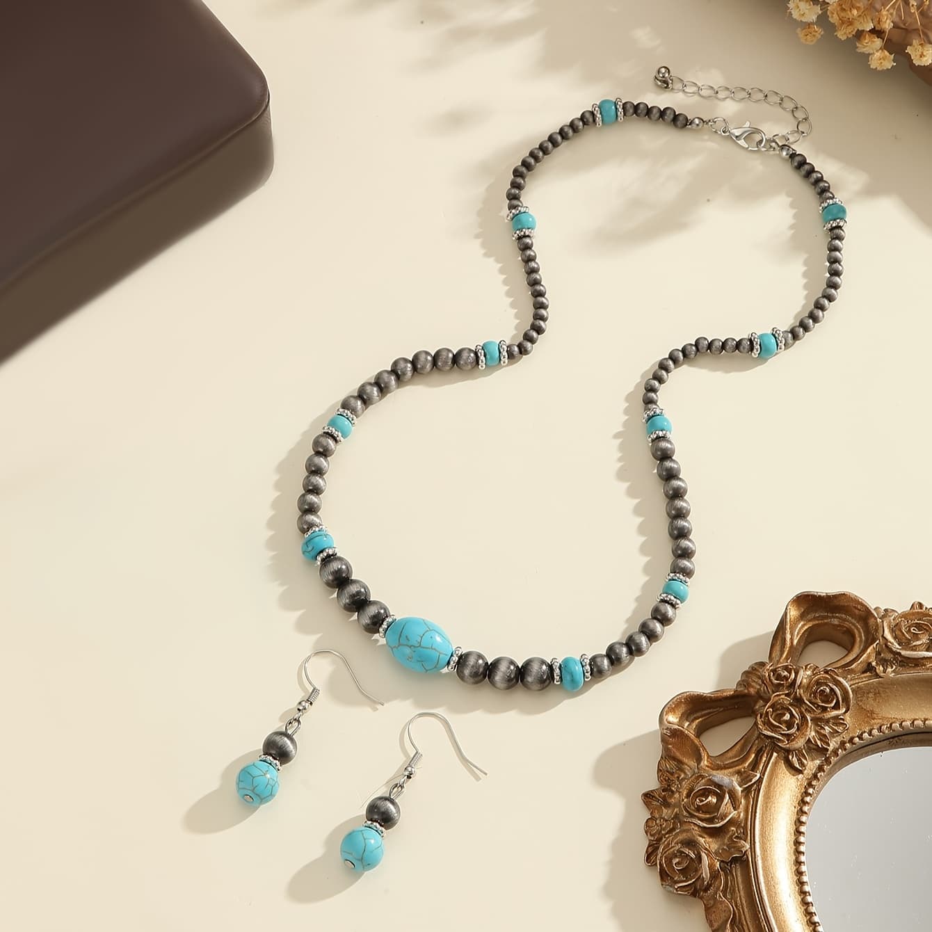 TEMU Bohemian Vintage Ethnic Style Turquoise Necklace And Earrings Set For Women, Niche Design, Antique Silvery Beaded Jewelry, Suitable For Daily And Banquet Wear, Gift For Mother And Girlfriend
