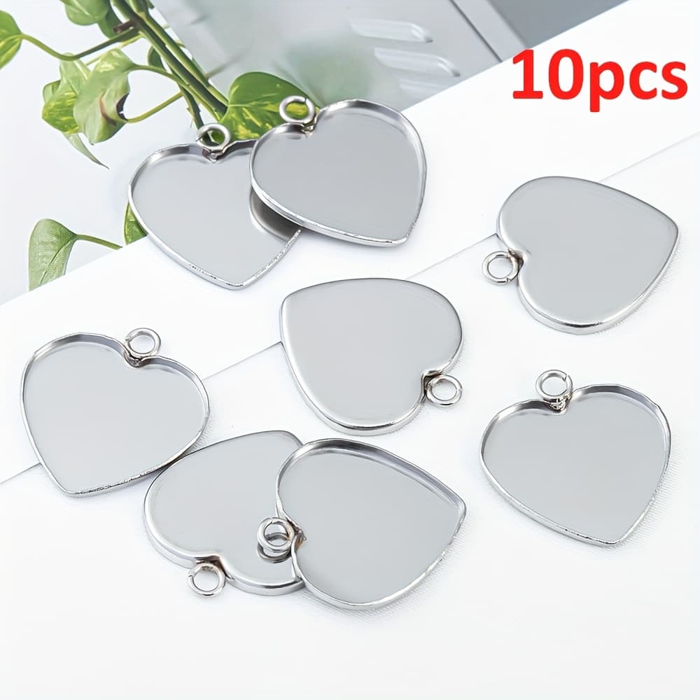 TEMU 10pcs Heart-shaped 304 Stainless Steel Pendant Tray Base, Resin Pendant , Jewelry Making Supplies