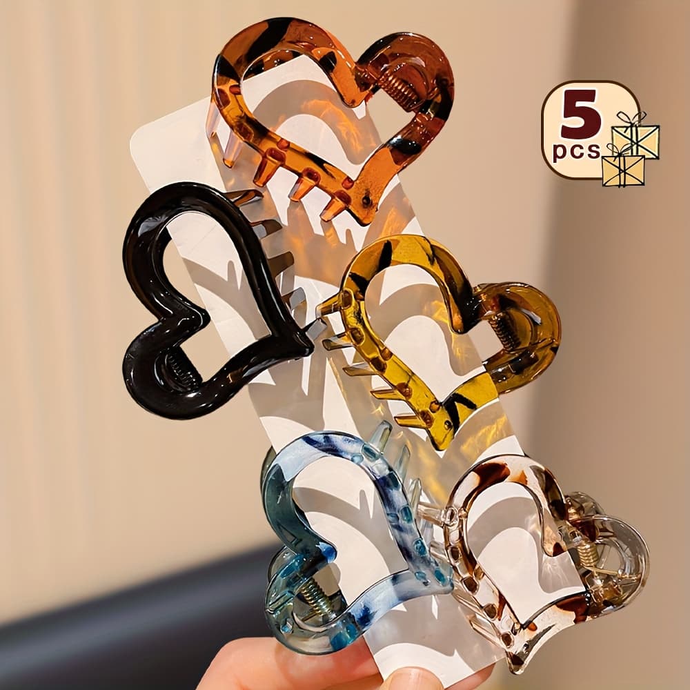 TEMU 5 High-end Heart-shaped Small Claw Clips Suitable For , Cute Hair Clips, Fashionable Women's Great Value Hair Additions, Niche Design