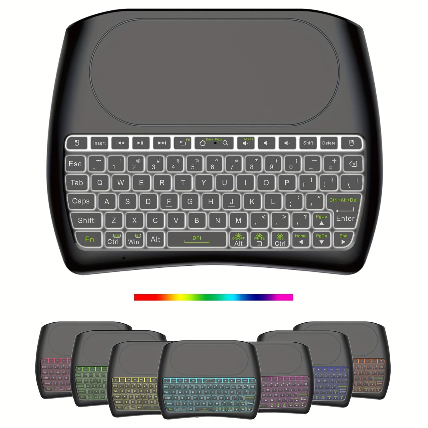 TEMU Bt And 2.4g Wireless With Large Touchpad, Rechargeable Battery And 7-color Backlight, Handheld Small Keyboard Remote Control With 2.4g Usb Dongle, Plug And Play