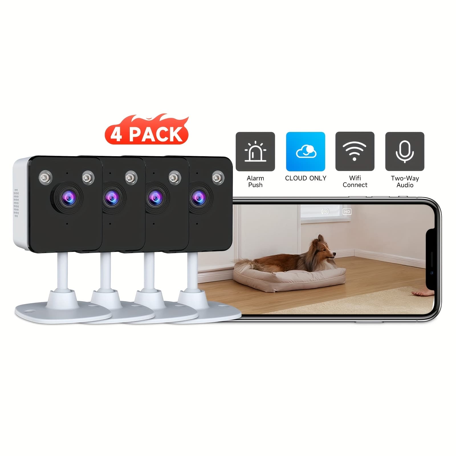 TEMU Set Of 4 Indoor Cameras Featuring Motion Detection, Dual-band Wifi, Baby Monitoring Capabilities, Night Vision, Audio, And Siren. It Supports Cloud Storage And Up To 256gb Sd Cards