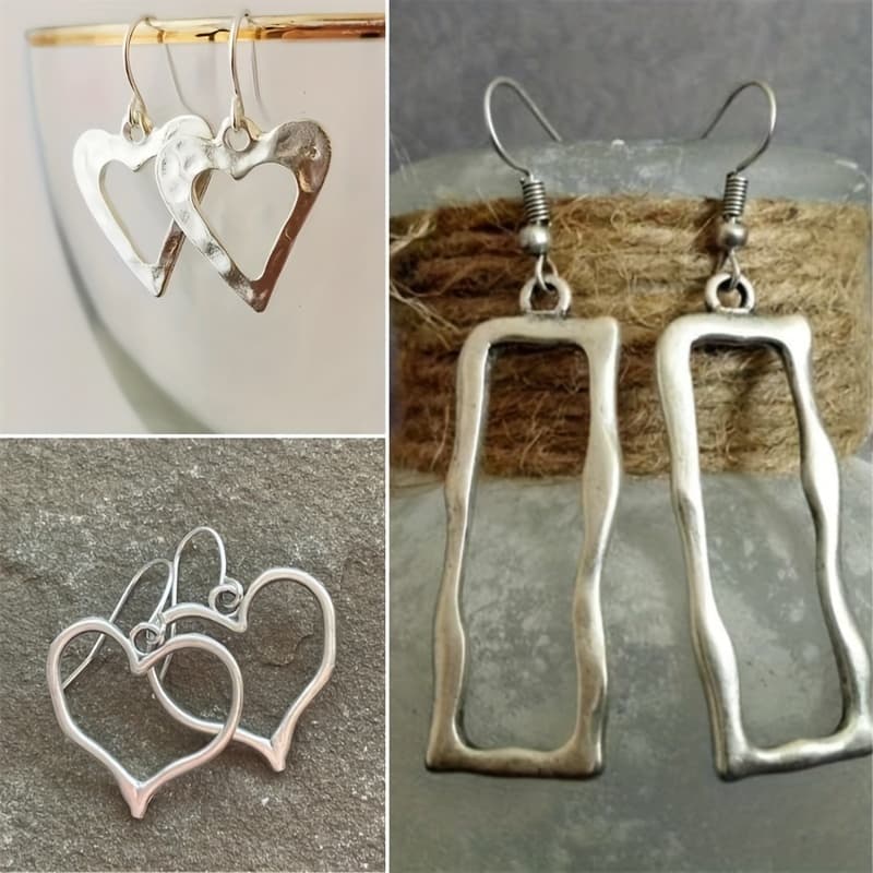 TEMU 3pairs Hook Earrings, Silvery Hollow Heart & Irregular Geometry Shaped Dangle Earrings, Retro Simple Alloy Earrings, Gift For Lovers, Party Accessories