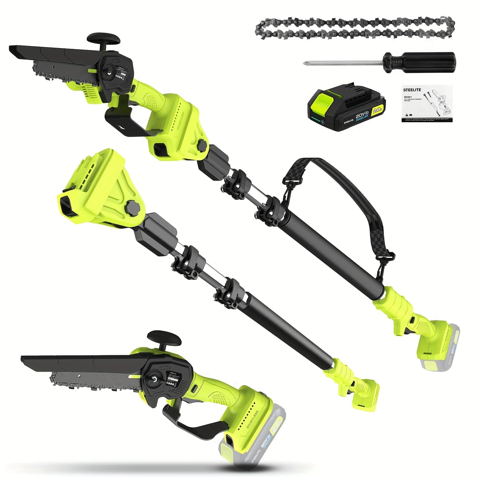 TEMU Deli 2-in-1 Cordless Pole Saw & 6" Mini Chainsaw – 21v Brushless, 13ft Reach, 2.0ah Battery, Lightweight 5.29 Lbs, Replacement Chain For Tree Trimming