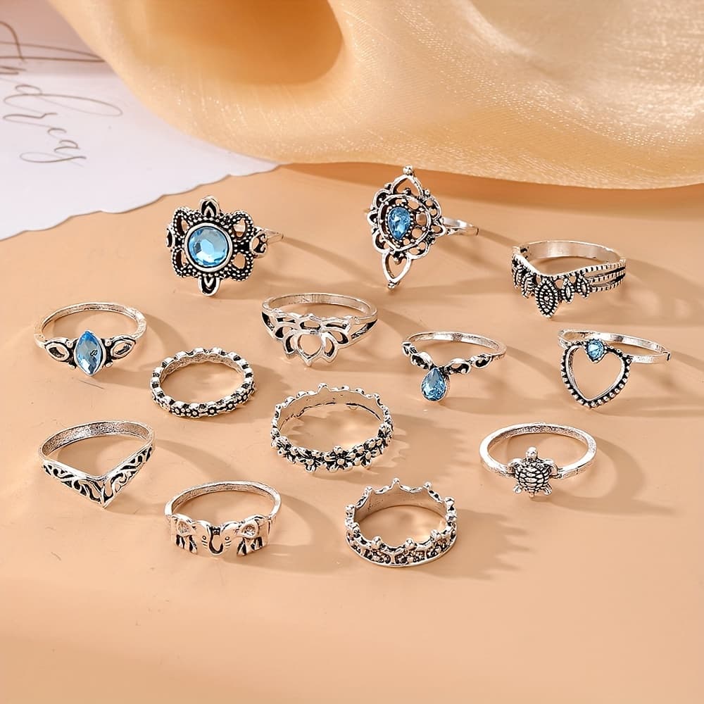 TEMU 13pcs Vintage Court Blue Water Drop Shaped Ring Bohemian Style Ring Set Women' Vacation Matching Trendy Jewelry